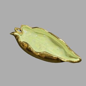 Vtg Mid Century Modern 22k Gold Iridescent Green Leaf 9” Trinket Candy Dish USA